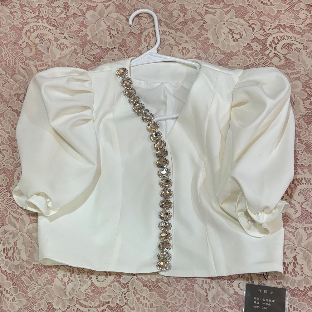 Chic Ivory Puff Sleeve Blouse with Crystal Accents